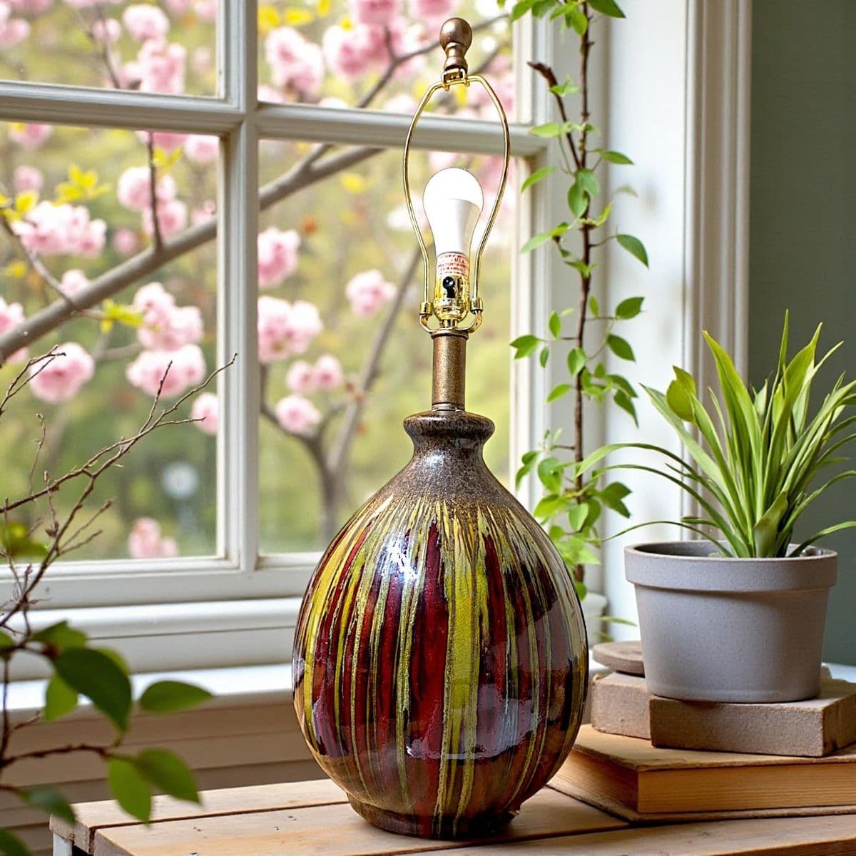 Earth-Toned Mid Century Ceramic Drip Glaze Lamp With Cream Tapered Drum Shaped Shade - Thumbnail 9