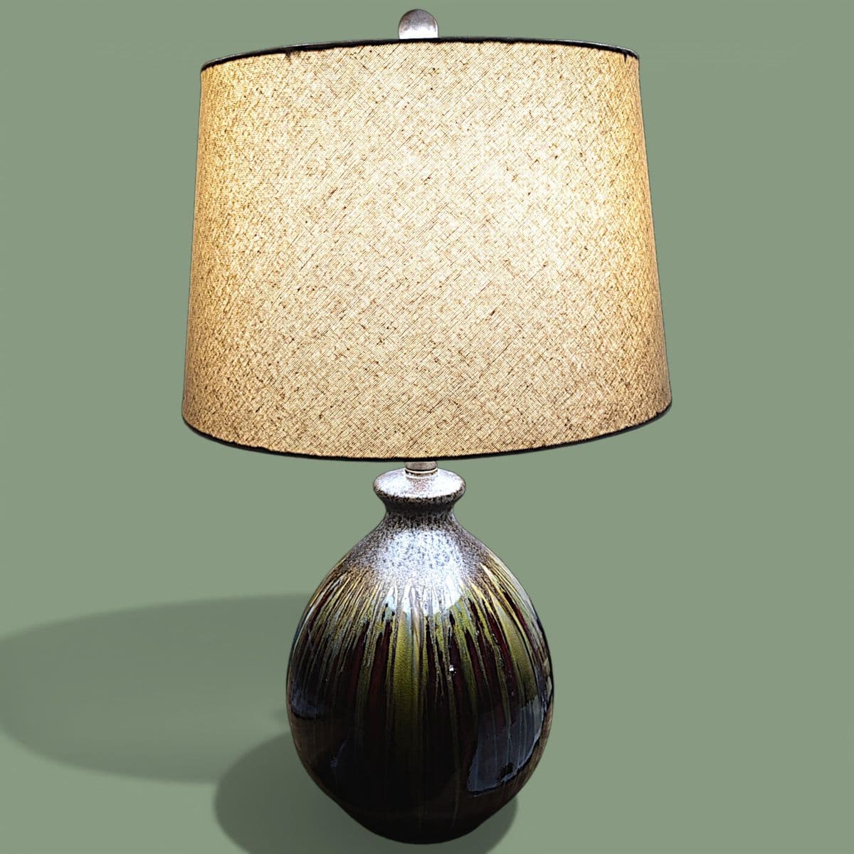 Earth-Toned Mid Century Ceramic Drip Glaze Lamp With Cream Tapered Drum Shaped Shade - Thumbnail 11