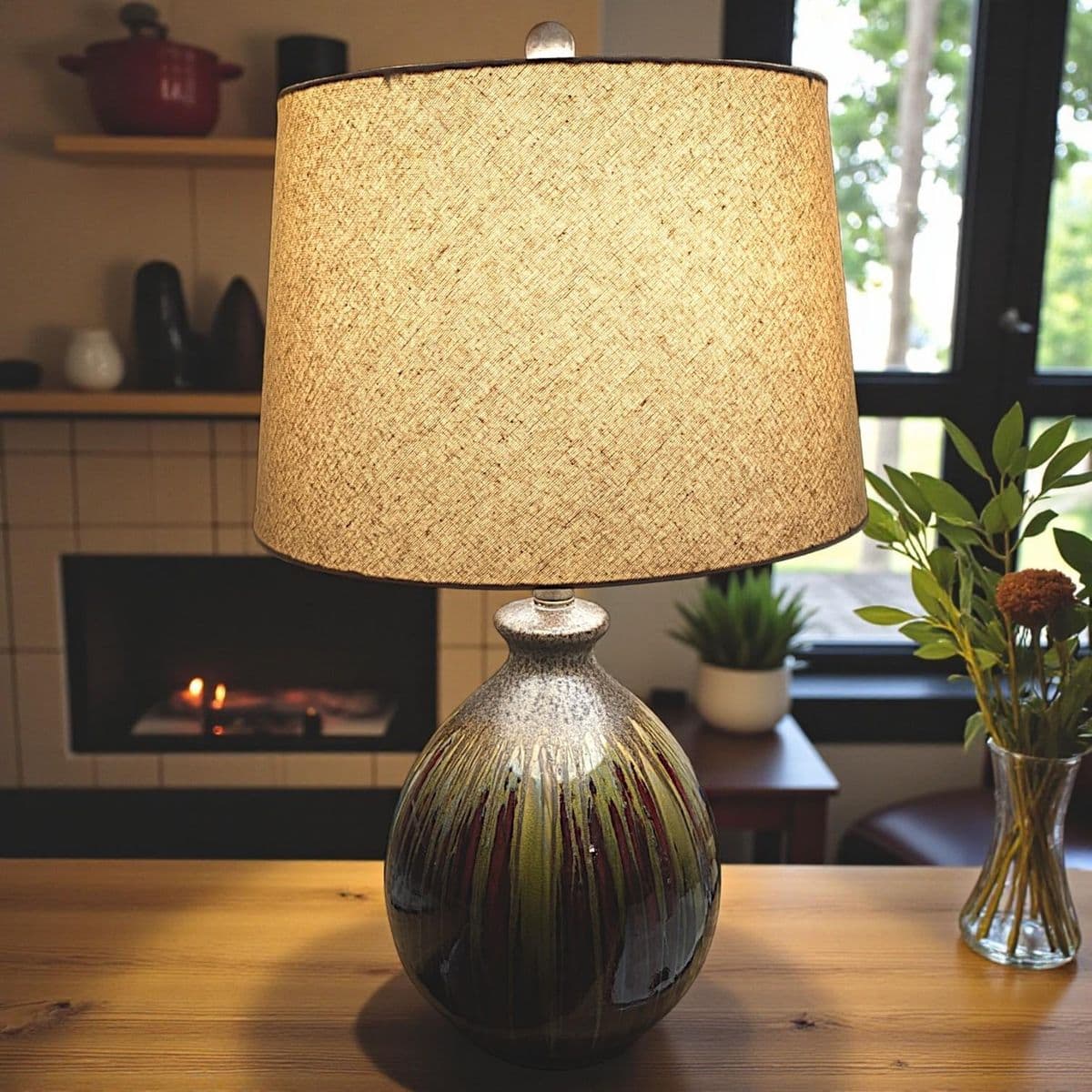 Earth-Toned Mid Century Ceramic Drip Glaze Lamp With Cream Tapered Drum Shaped Shade - Thumbnail 10
