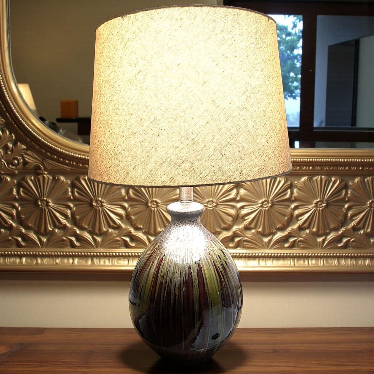 Earth-Toned Mid Century Ceramic Drip Glaze Lamp With Cream Tapered Drum Shaped Shade - Thumbnail 6