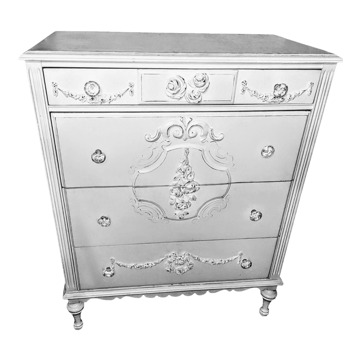 Vintage 1950s–70s French Provincial 4 Drawer Dresser in Soft White With Ornate Floral Accents - Thumbnail 2