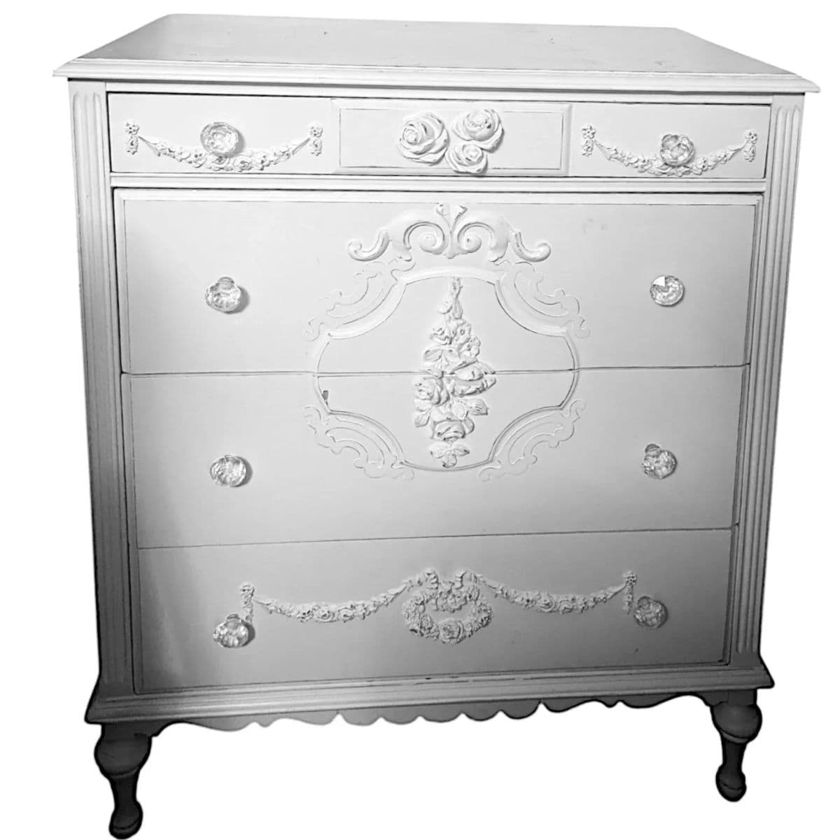 Vintage 1950s–70s French Provincial 4 Drawer Dresser in Soft White With Ornate Floral Accents - Thumbnail 12