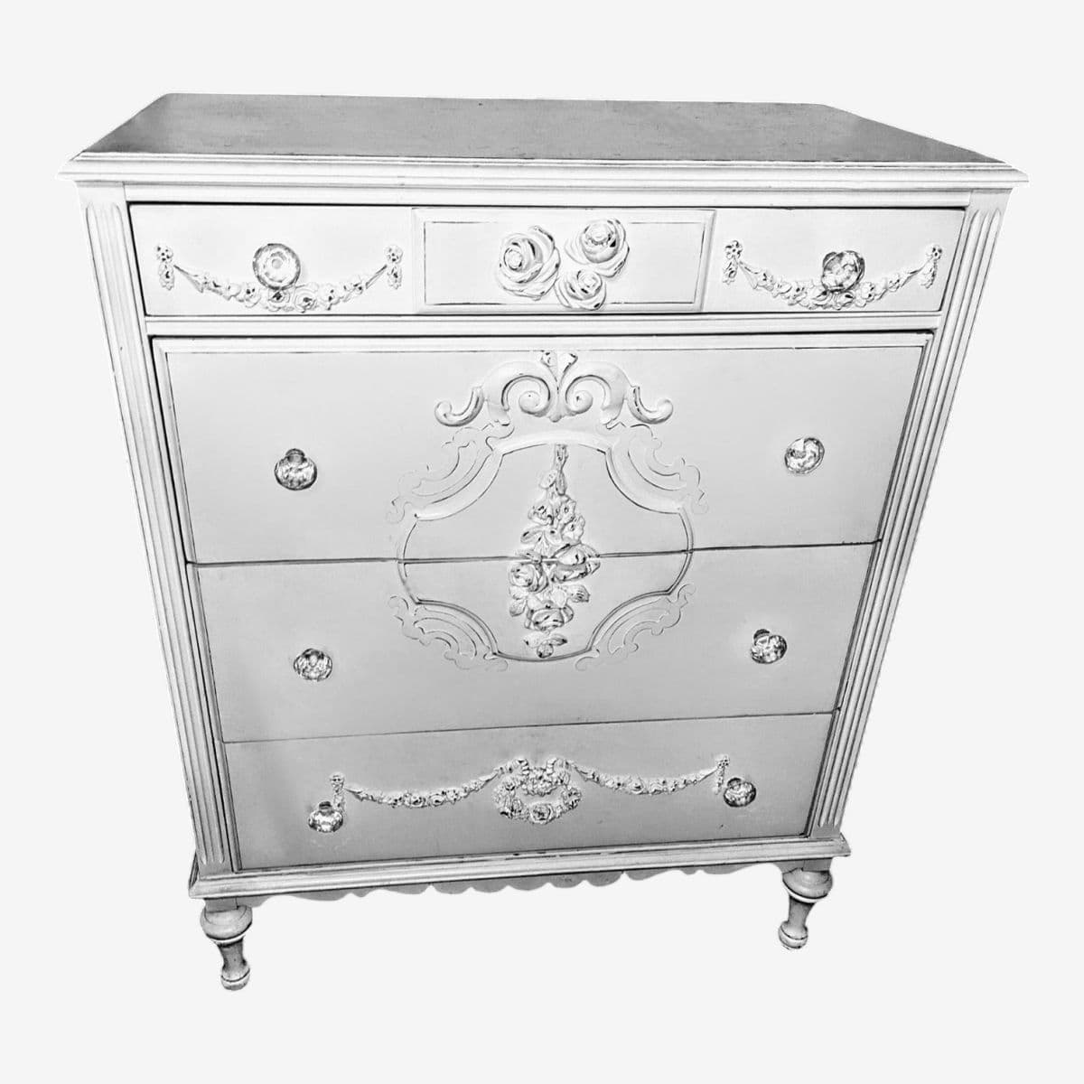Vintage 1950s–70s French Provincial 4 Drawer Dresser in Soft White With Ornate Floral Accents