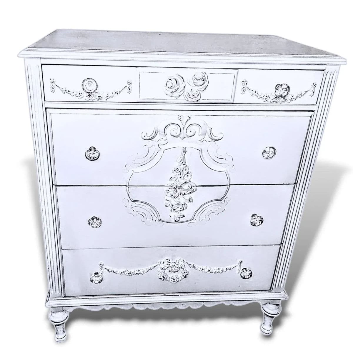 Vintage 1950s–70s French Provincial 4 Drawer Dresser in Soft White With Ornate Floral Accents - Thumbnail 3