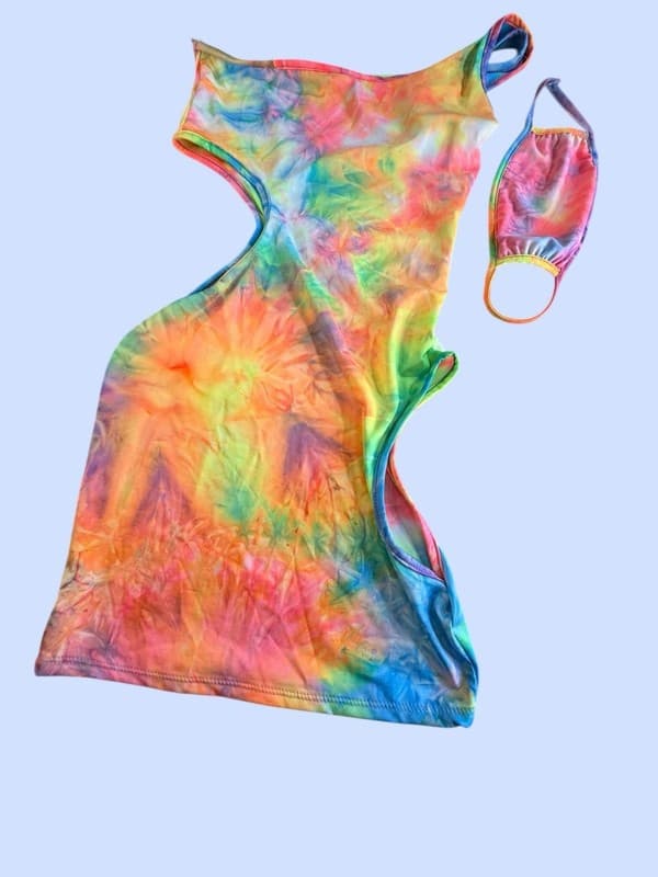 Belita Collection S Shoulder Cut-Out Tie Dye Mini Dress with Matching Face Mask - Image 1