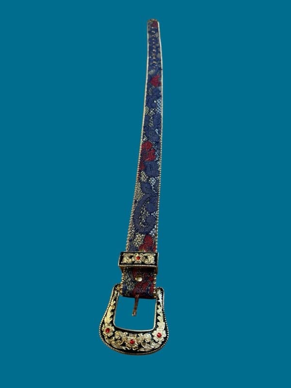 Western Style Floral Lace Beaded Edge Belt with Rhinestone Buckle 30” - Thumbnail 3