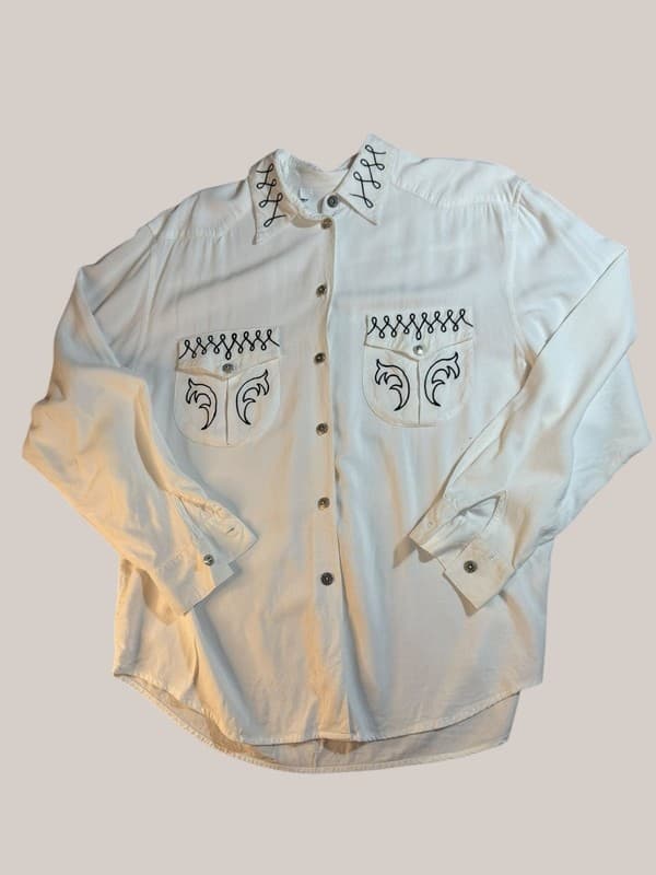 Vintage White Western Shirt | Black Embroidery | Silver-Tone Buttons | Size L - Image 1