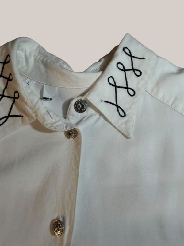 Vintage White Western Shirt | Black Embroidery | Silver-Tone Buttons | Size L - Thumbnail 5