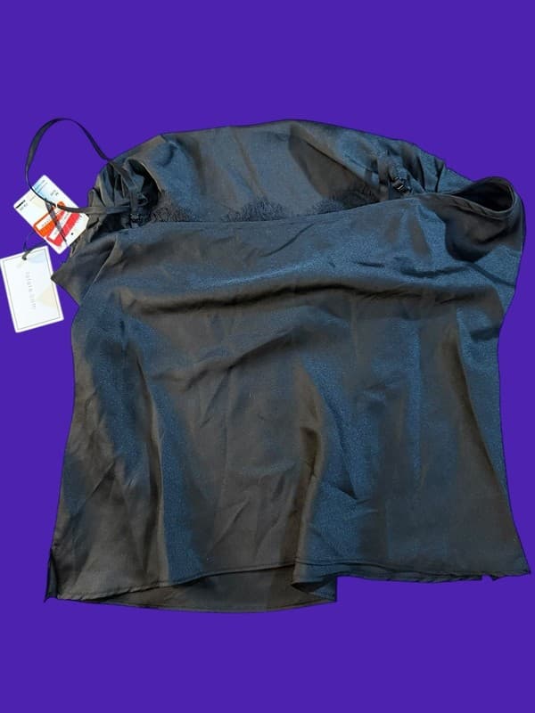 1.STATE Black Satin Cowl Neck Lace Trim Cami Top Medium - Thumbnail 2