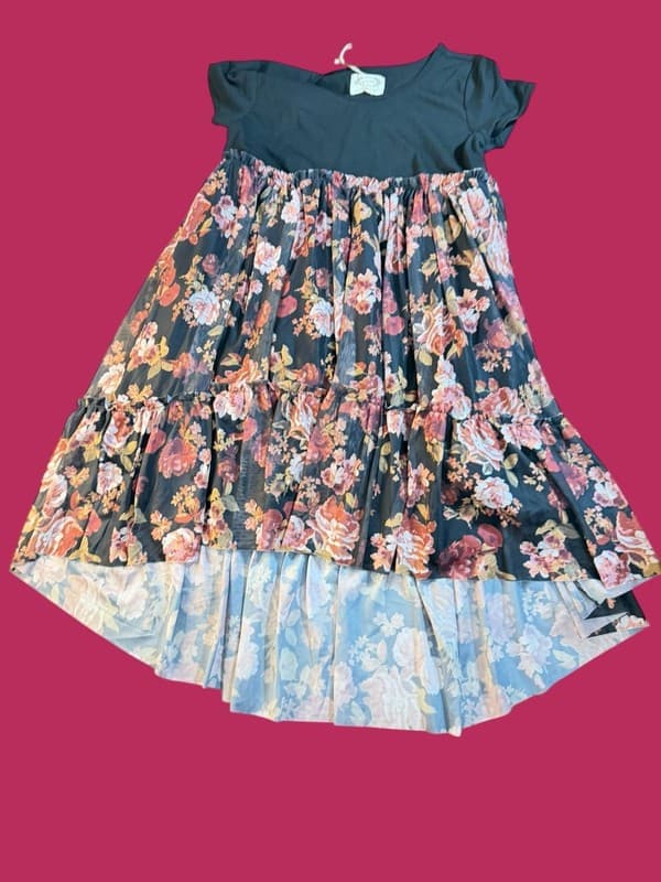 Joyfolie Mia Joy Lorelei High Low Tiered Mesh Dress in Off Black Floral Size 12 - Image 1