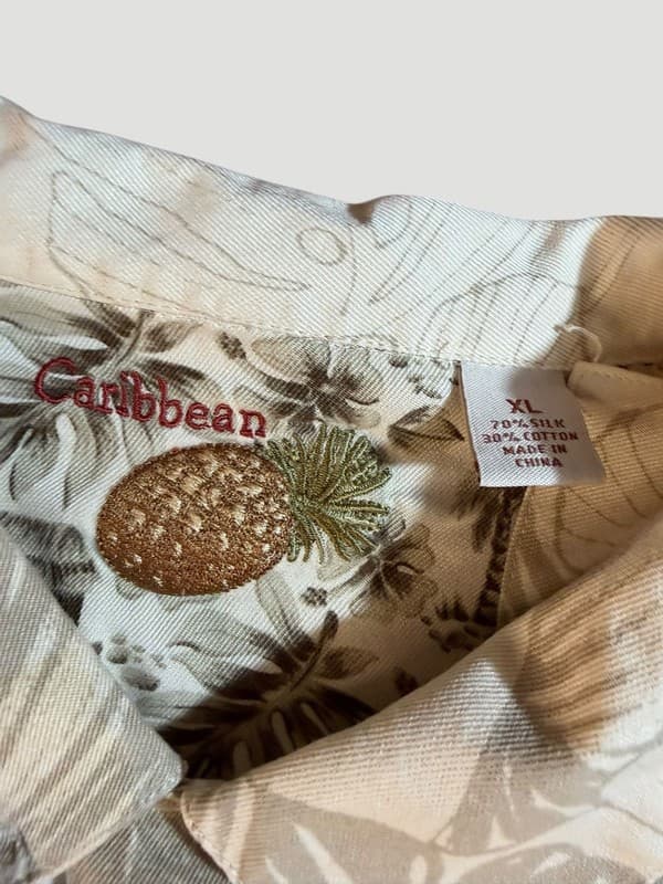 Caribbean Mens XL Silk Blend Patchwork Tropical Hawaiian Aloha Button Down Shirt - Thumbnail 4