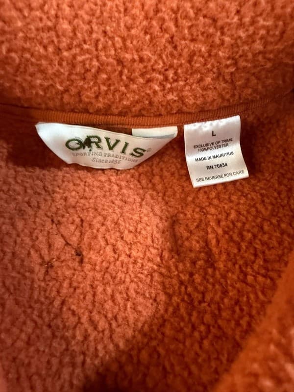 Orvis Men's Large Red Fleece Quarter-Zip Pullover with Faux Suede Elbow Patches - Thumbnail 5