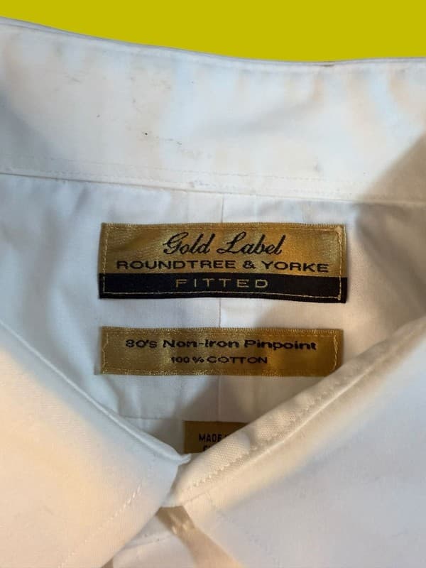 Roundtree & Yorke Gold Label White Non-Iron Cotton Fitted Dress Shirt 17.5 33 - Thumbnail 3