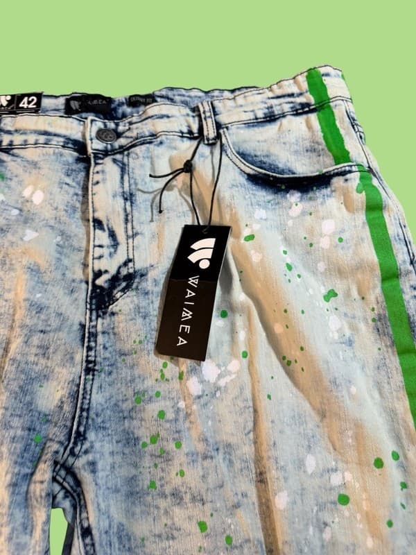Waimea Mens Size 42 Skinny Fit Neon Splatter Distressed Side Stripe Denim Shorts - Thumbnail 7
