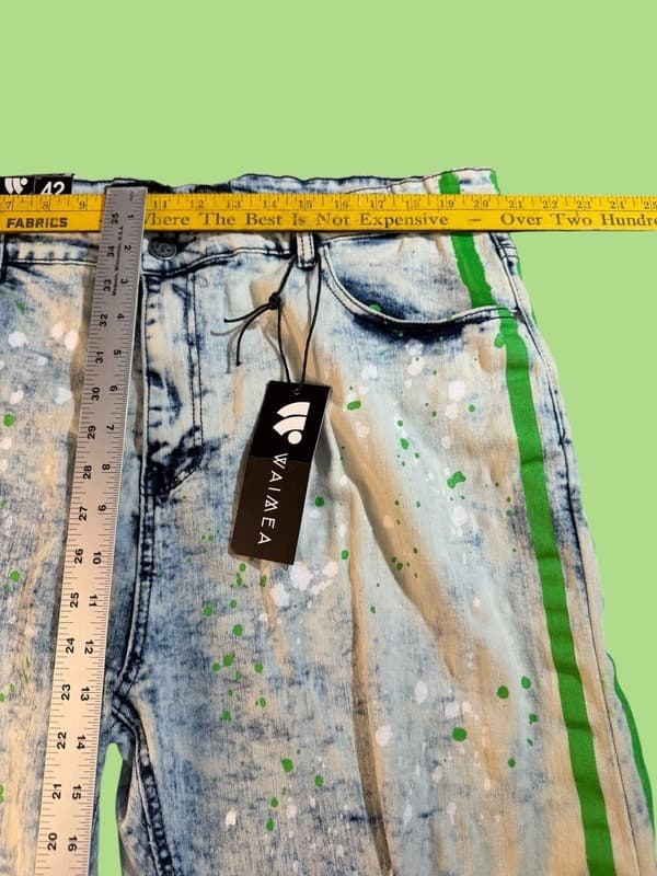 Waimea Mens Size 42 Skinny Fit Neon Splatter Distressed Side Stripe Denim Shorts - Thumbnail 15