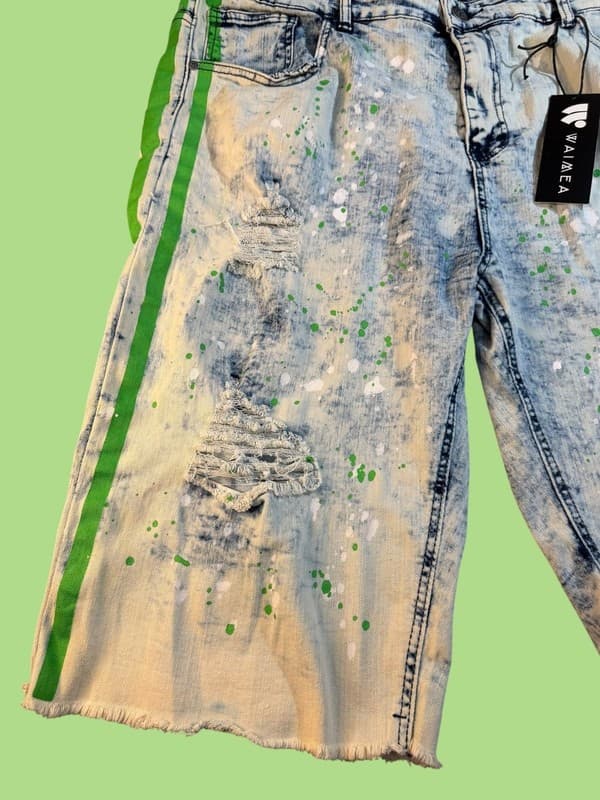 Waimea Mens Size 42 Skinny Fit Neon Splatter Distressed Side Stripe Denim Shorts - Thumbnail 6