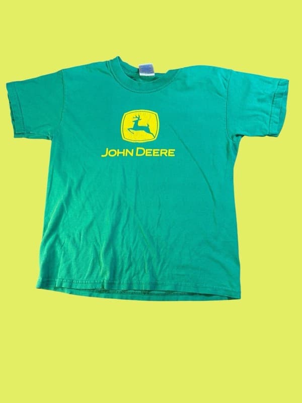 Vintage John Deere Logo Youth Small Green Graphic T-Shirt Gildan Ultra Cotton - Image 1