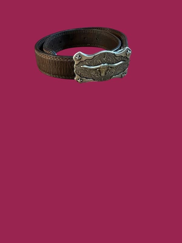 Vintage Western Leather Belt Brown Longhorn Steer Silver Buckle Stars Cowboy 24� - Image 1