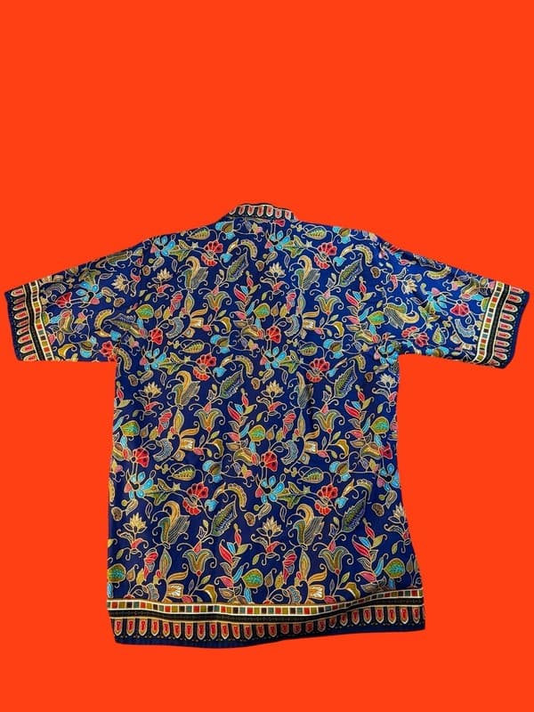 Vintage Sinar Pagi Singapore Batik Shirt Unisex L Floral Navy Blue 80s/90s - Thumbnail 2