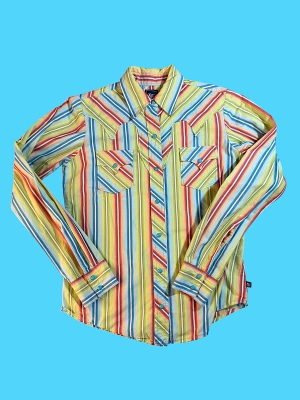 Cruel Girl Women's S Multi-Color Striped Western Pearl Snap Long Sleeve Shirt - Image 1