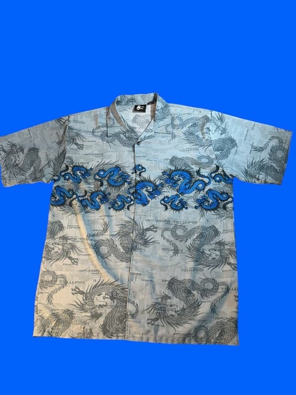 Vintage Street Culture Blue Dragon All Over Print Button Down Shirt XL - Image 1
