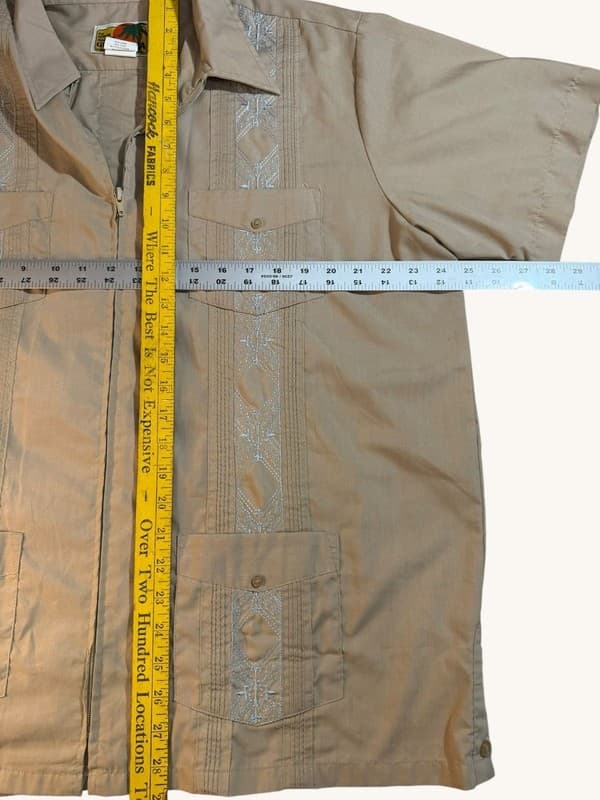 Vintage Haband Guayabera Zip-Up Short Sleeve Embroidered Shirt Beige Large - Thumbnail 4