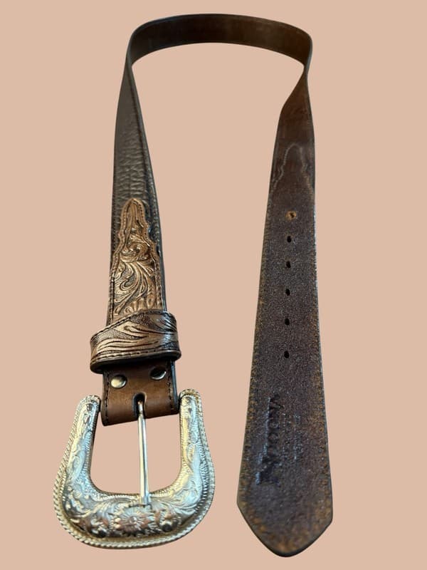 Nocona Vintage Brown Floral Hand-Tooled Western Leather Belt Size 46 - Thumbnail 7