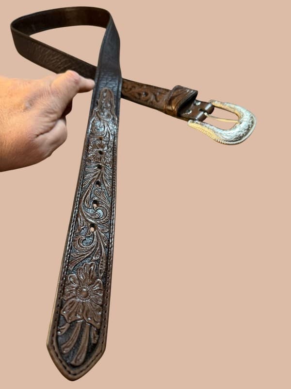 Nocona Vintage Brown Floral Hand-Tooled Western Leather Belt Size 46 - Thumbnail 6