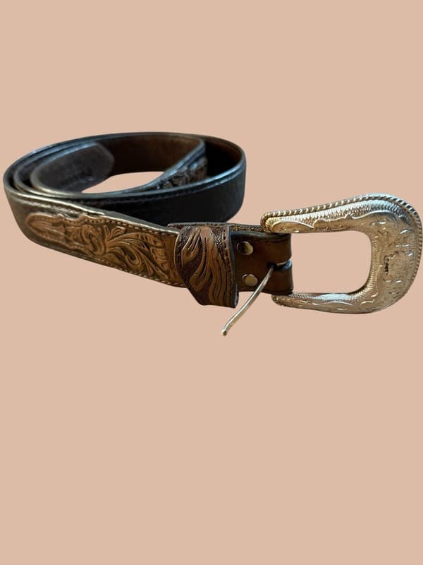 Nocona Vintage Brown Floral Hand-Tooled Western Leather Belt Size 46 - Image 1