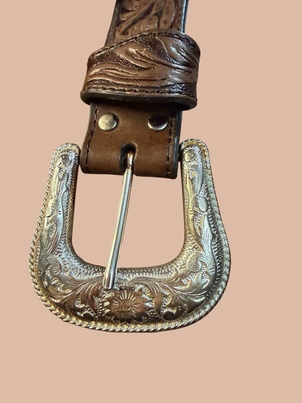 Nocona Vintage Brown Floral Hand-Tooled Western Leather Belt Size 46 - Thumbnail 8