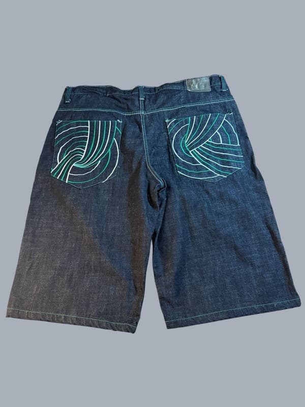 Vintage Corked Jeans Baggy Denim Jorts with Blue and Green Swirl Embroidery 42�� - Thumbnail 2