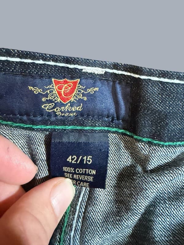 Vintage Corked Jeans Baggy Denim Jorts with Blue and Green Swirl Embroidery 42�� - Thumbnail 3