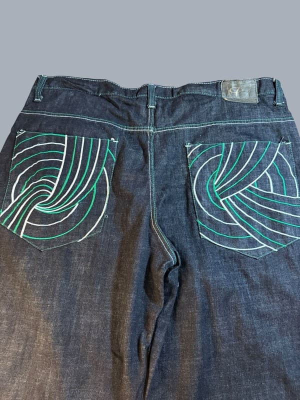 Vintage Corked Jeans Baggy Denim Jorts with Blue and Green Swirl Embroidery 42�� - Thumbnail 6