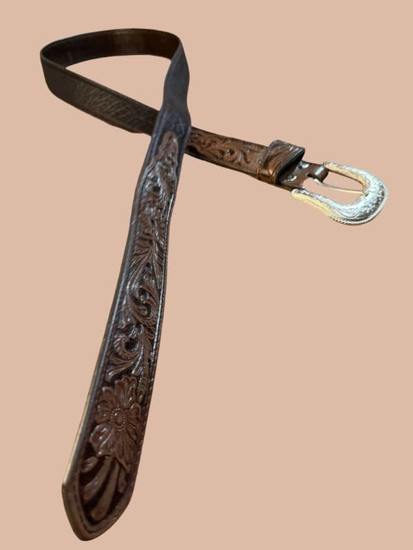 Nocona Vintage Brown Floral Hand-Tooled Western Leather Belt Size 46 - Thumbnail 3