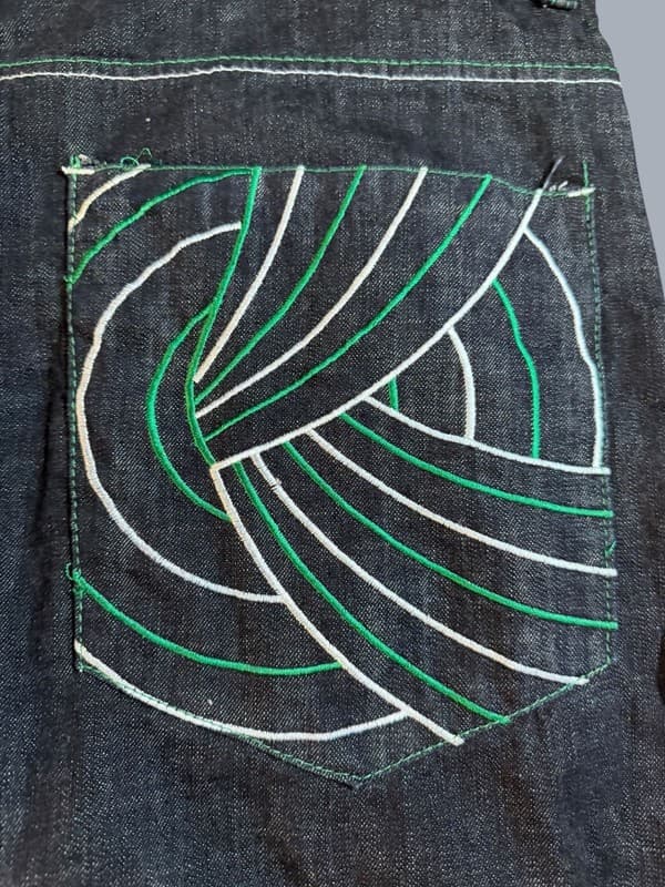 Vintage Corked Jeans Baggy Denim Jorts with Blue and Green Swirl Embroidery 42�� - Thumbnail 5