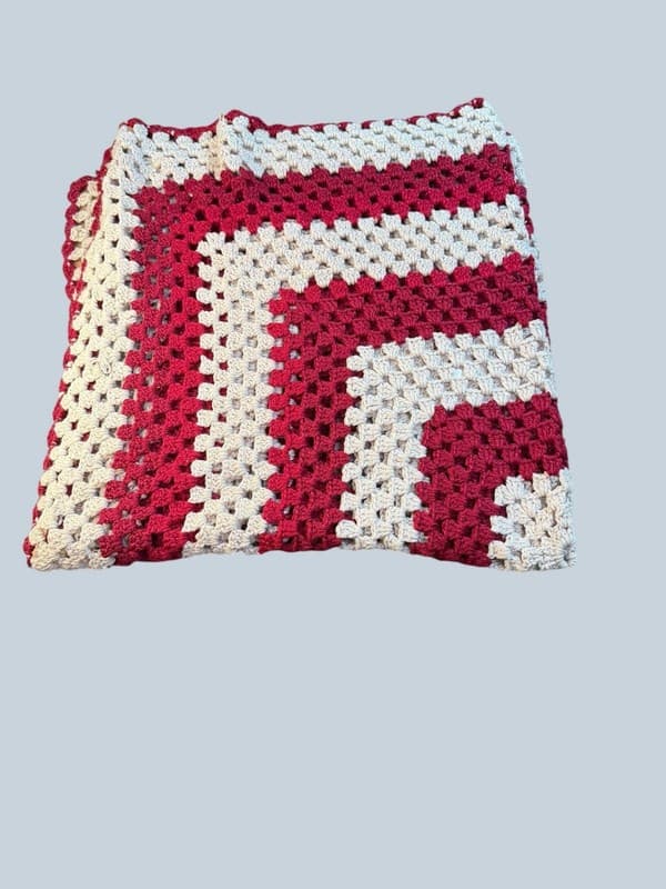 Vintage Maroon and Cream Granny Square Crochet Afghan Throw Blanket - Image 1