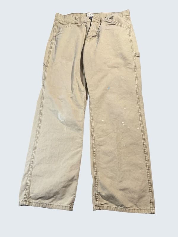 Blue Mountain Men's Canvas Carpenter Work Pants 34x32 Tan Distressed Paint Splat - Image 1