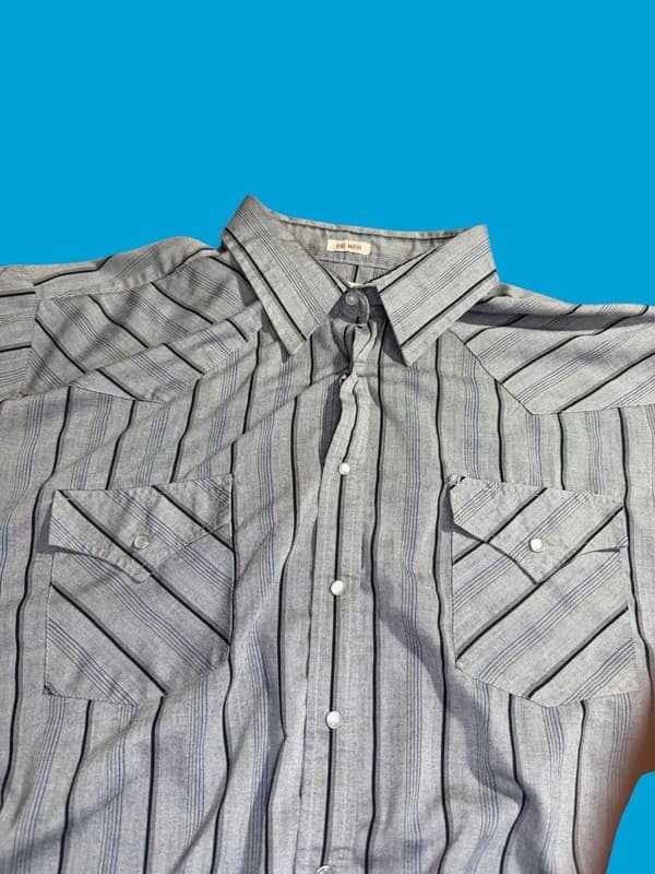 ELY Cattleman 2X Big Man Western Pearl Snap Shirt Gray Striped Short Sleeve - Thumbnail 5