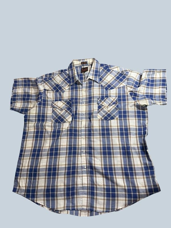 Plains Western Wear Men's Big Man Blue Plaid Short Sleeve Pearl Snap Shirt 2X - Image 1