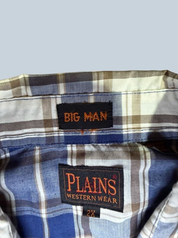 Plains Western Wear Men's Big Man Blue Plaid Short Sleeve Pearl Snap Shirt 2X - Thumbnail 3