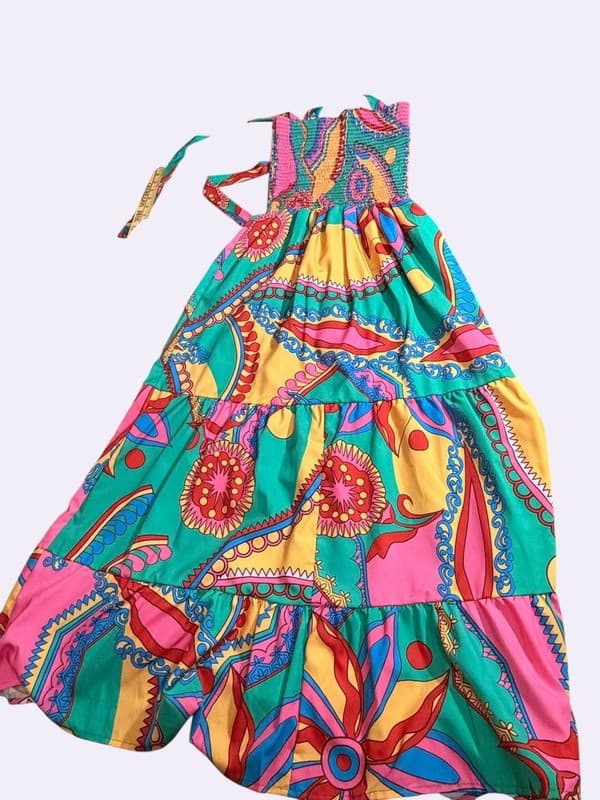 Sun Day Up Women's Colorful Boho Paisley Print Smocked Tiered Maxi Sundress - Thumbnail 2