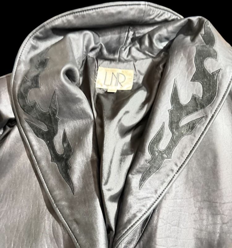 LNR Black Leather Coat Flame Lapel Y2K Vintage Large - Thumbnail 3