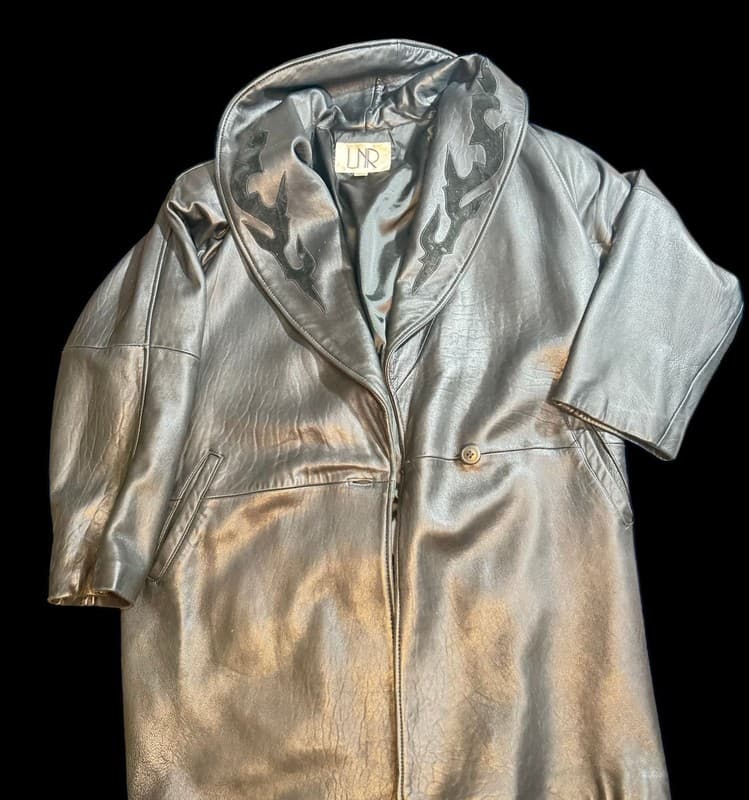 LNR Black Leather Coat Flame Lapel Y2K Vintage Large - Image 1