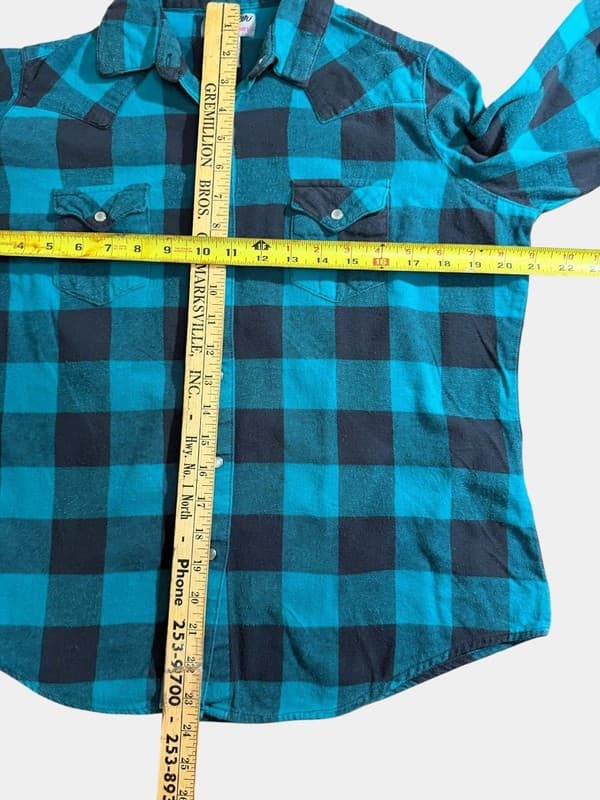 Wrangler Women’s Large Teal Black Plaid Western Pearl Snap Flannel Shirt - Thumbnail 4