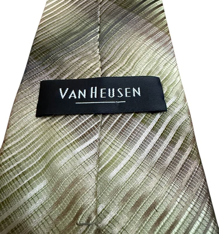 Van Heusen 100% Silk Necktie Green Gold Textured Striped Men’s Tie - Thumbnail 2