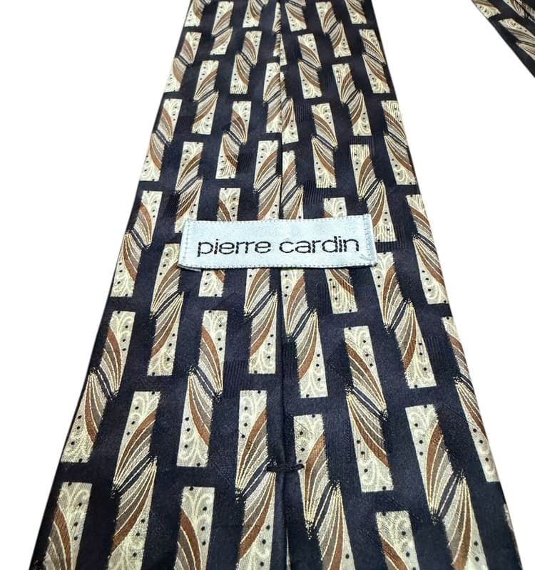 Vintage Pierre Cardin 100% Silk Geometric Necktie Black Gold Brown USA Made - Thumbnail 2