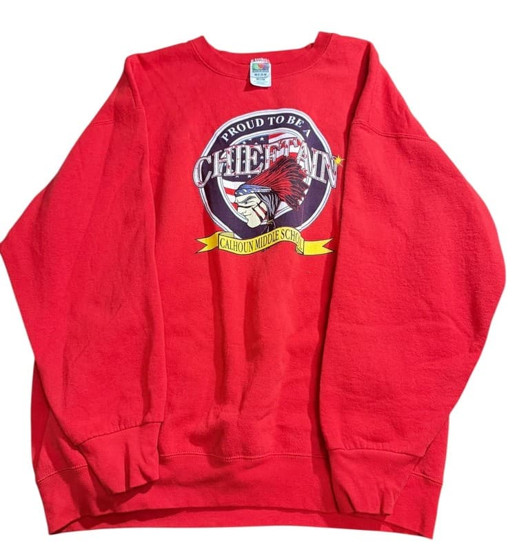Vintage 90s Calhoun Middle School Chieftains Graphic Sweatshirt XXL Red - Image 1