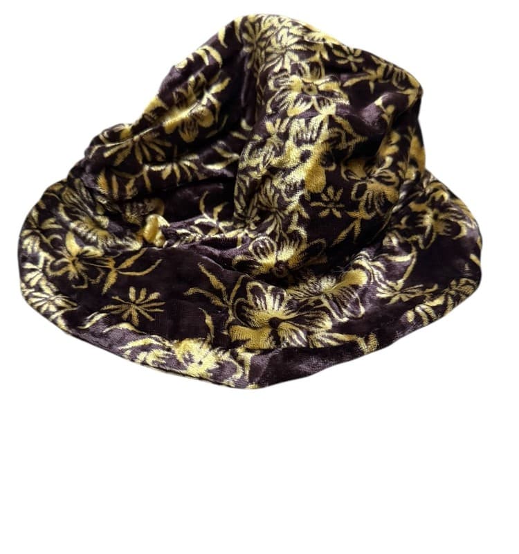 Y2K Brown Gold Floral Velvet Bucket Hat Soft Viscose Made in India - Thumbnail 2