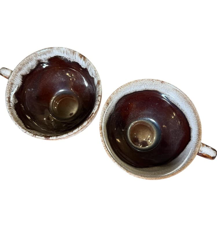 Vintage Brown Drip Glaze Stoneware Tea Cups Pair Mid Century - Thumbnail 5
