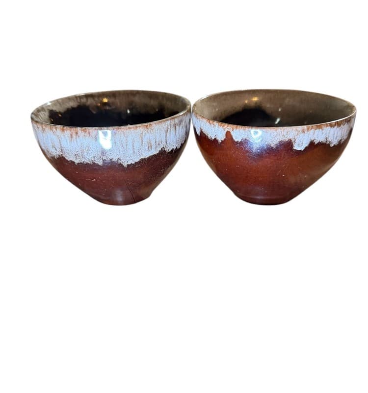 Vintage Brown Drip Glaze Stoneware Tea Cups Pair Mid Century - Thumbnail 4